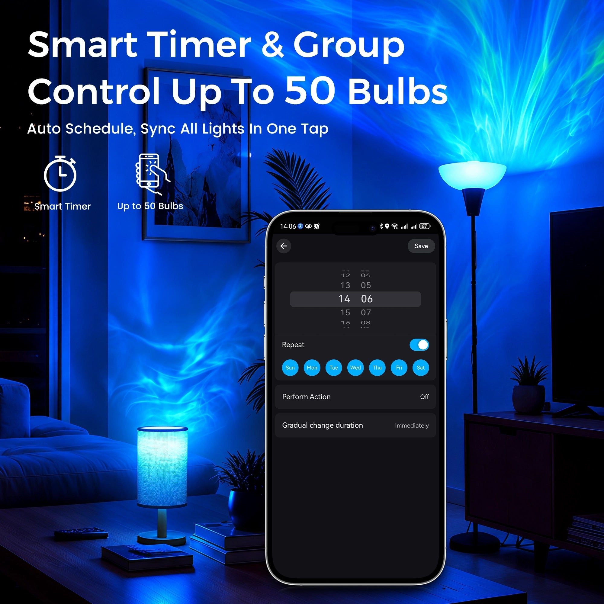 Twelvetooo Smart Projection Bulb - Aurora Flowing Light Living Room Scene